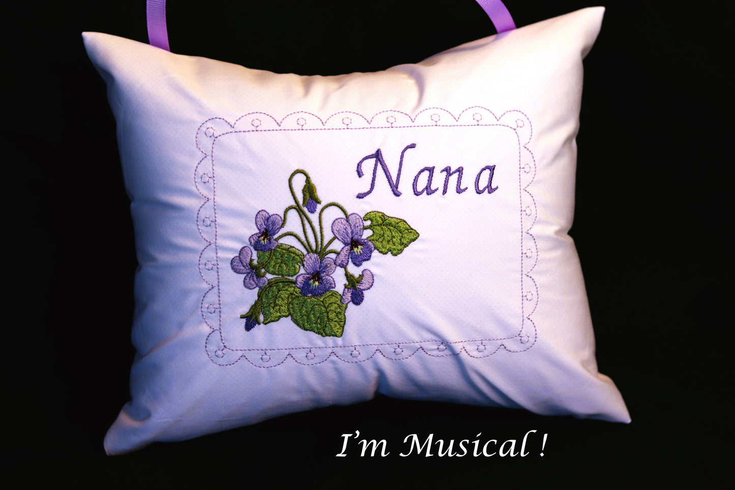 Violets Music Box Pillow -- Personalized Embroidered MUSICAL Keepsake