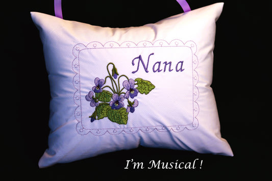 Violets Music Box Pillow -- Personalized Embroidered MUSICAL Keepsake