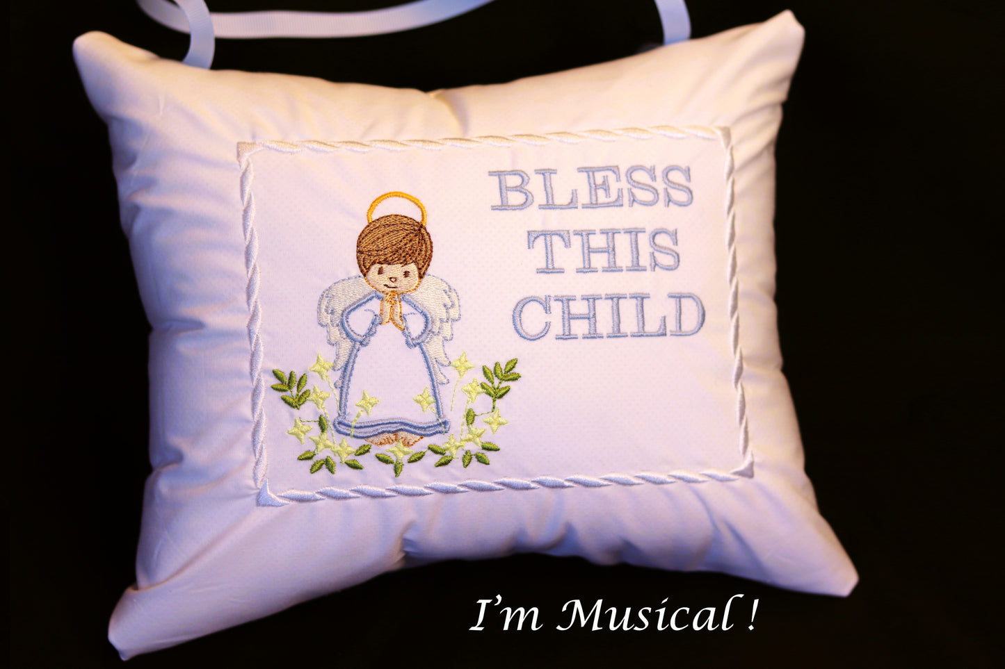 Angel Boy Music Box Pillow -- Personalized Embroidered MUSICAL Keepsake - Baptism, Christening, Confirmation, Memorial