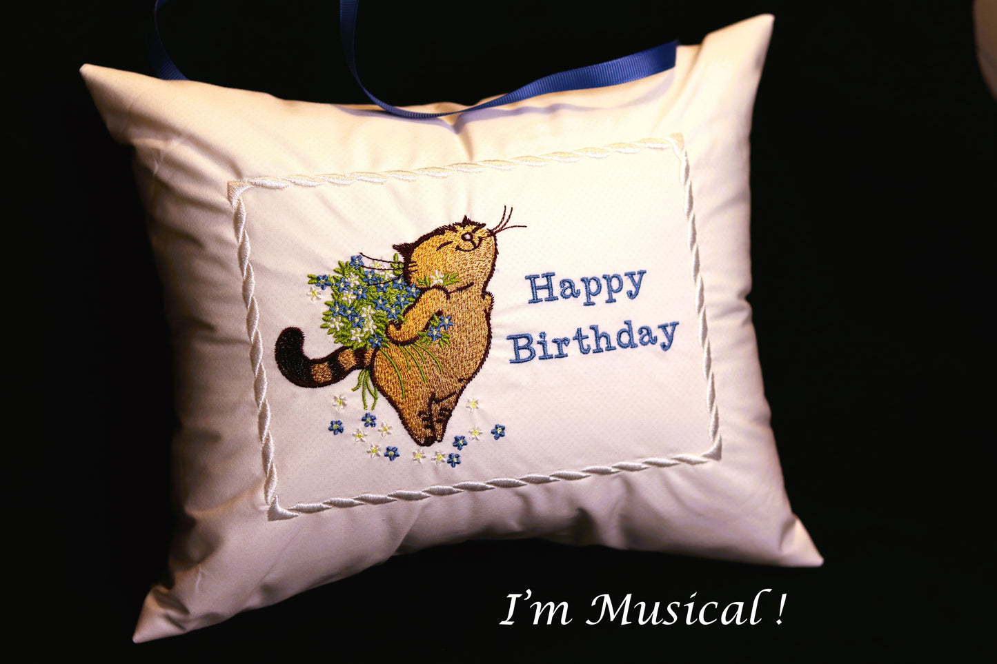 Cat with Bouquet Music Box Pillow -- Personalized Embroidered MUSICAL Keepsake