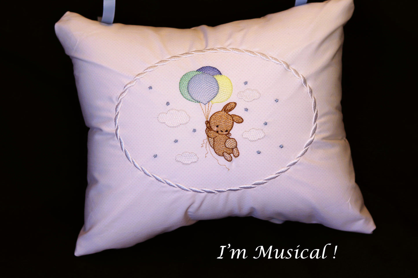 Bunny with Balloons Music Box Pillow -- Personalized Embroidered MUSICAL Baby Keepsake