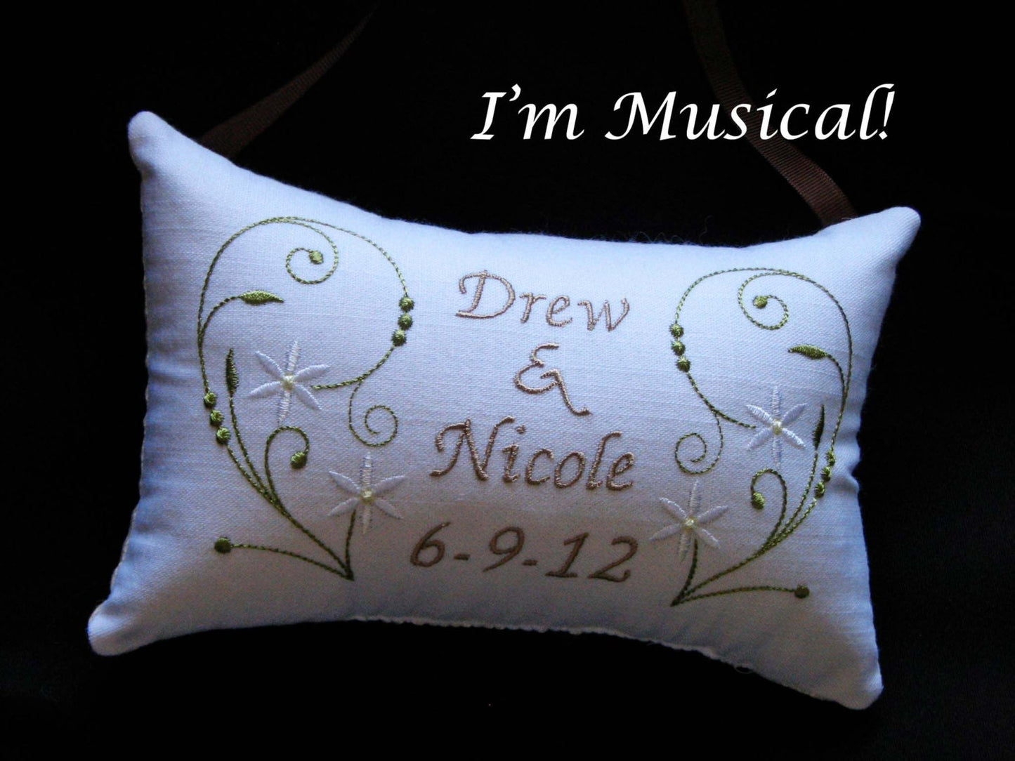 Custom Designed Music Box Pillow -- Embroidered Musical Keepsake -- Baby, Wedding, Holiday, Birthday, Faith, Friendship, Your Choice