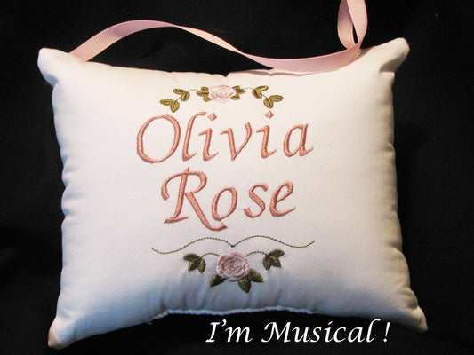 Simple Bullion Rose Music Box Pillow -- Personalized Embroidered MUSICAL Keepsake