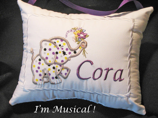 Baby Elephant APPLIQUE Music Box Pillow -- Personalized Embroidered MUSICAL Keepsake