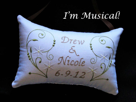 Simple Swirls & Starflowers Music Box Pillow -- Wedding -- Personalized Embroidered MUSICAL Keepsake