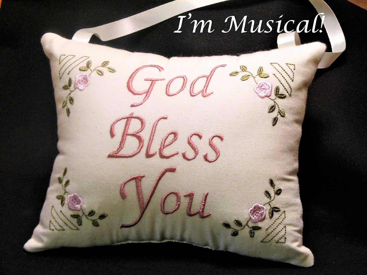 Bullion Rose Corners Sampler Music Box Pillow -- Personalized Embroidered MUSICAL Keepsake