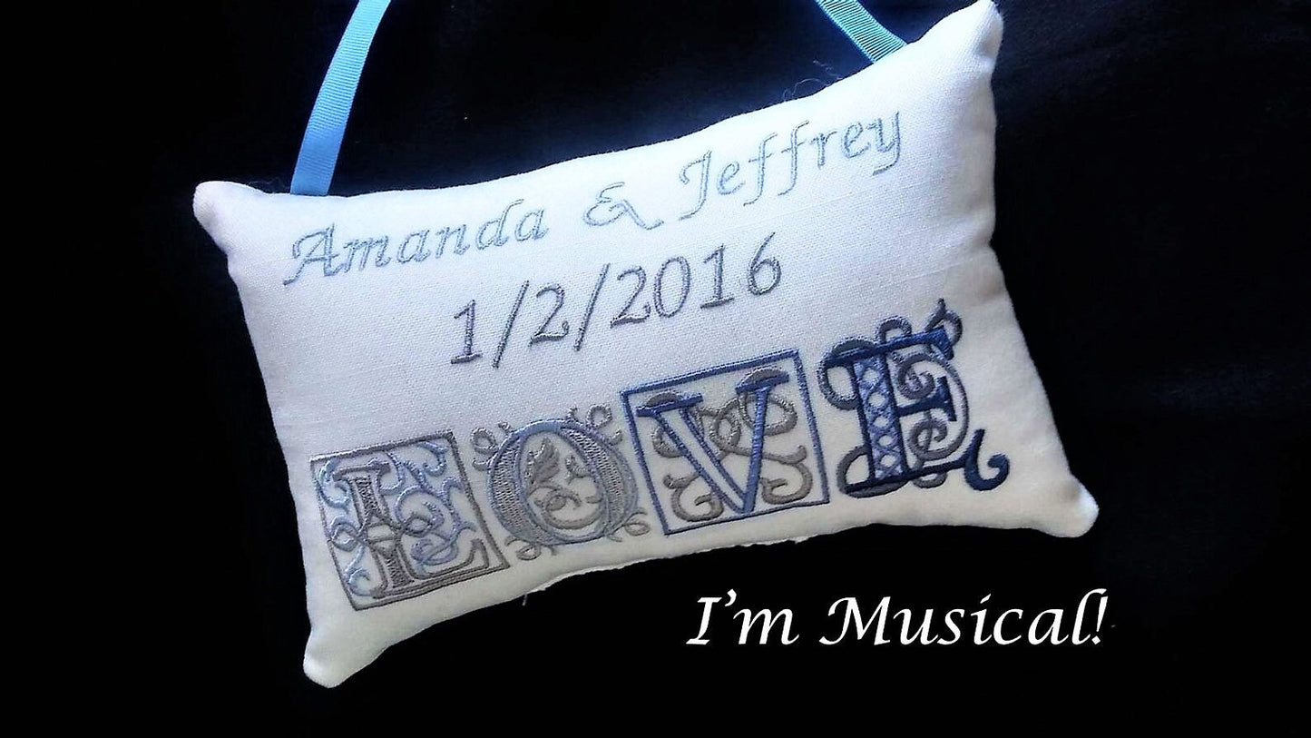 Victorian LOVE Music Box Pillow -- Personalized Embroidered MUSICAL Keepsake -- Wedding