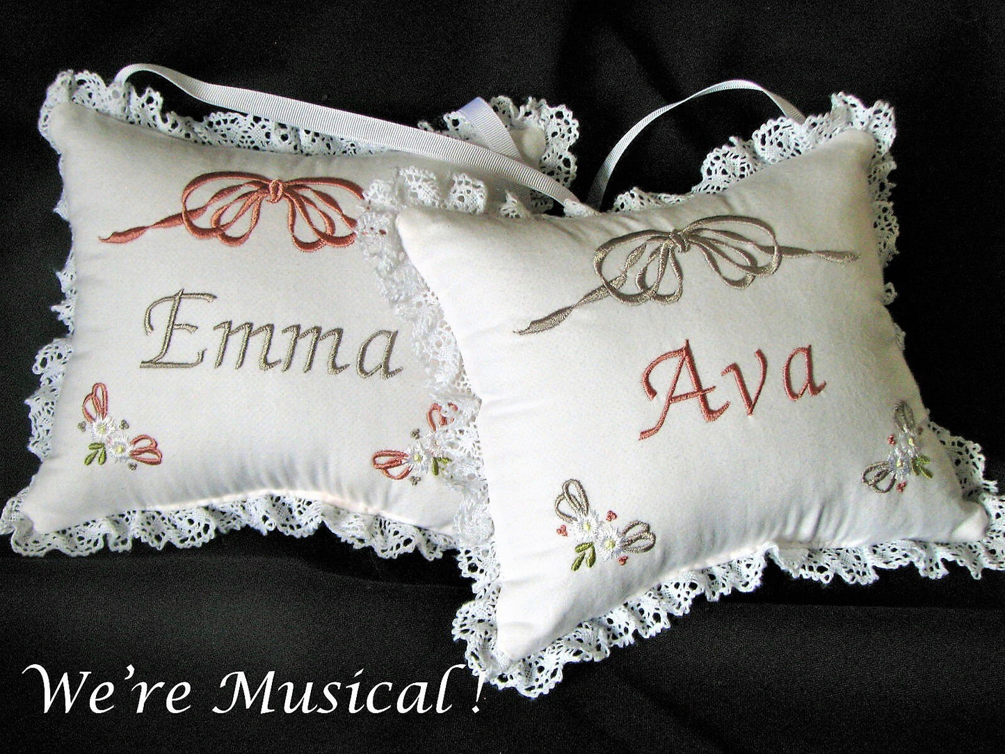 Daisies & Bows Music Box Pillow -- Personalized Embroidered MUSICAL Baby Keepsake