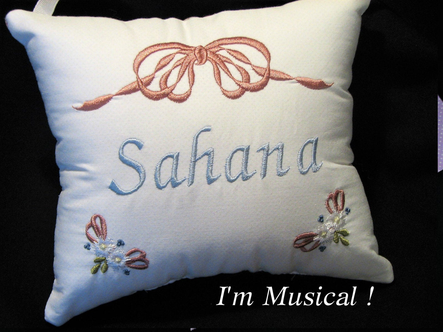 Daisies & Bows Music Box Pillow -- Personalized Embroidered MUSICAL Baby Keepsake