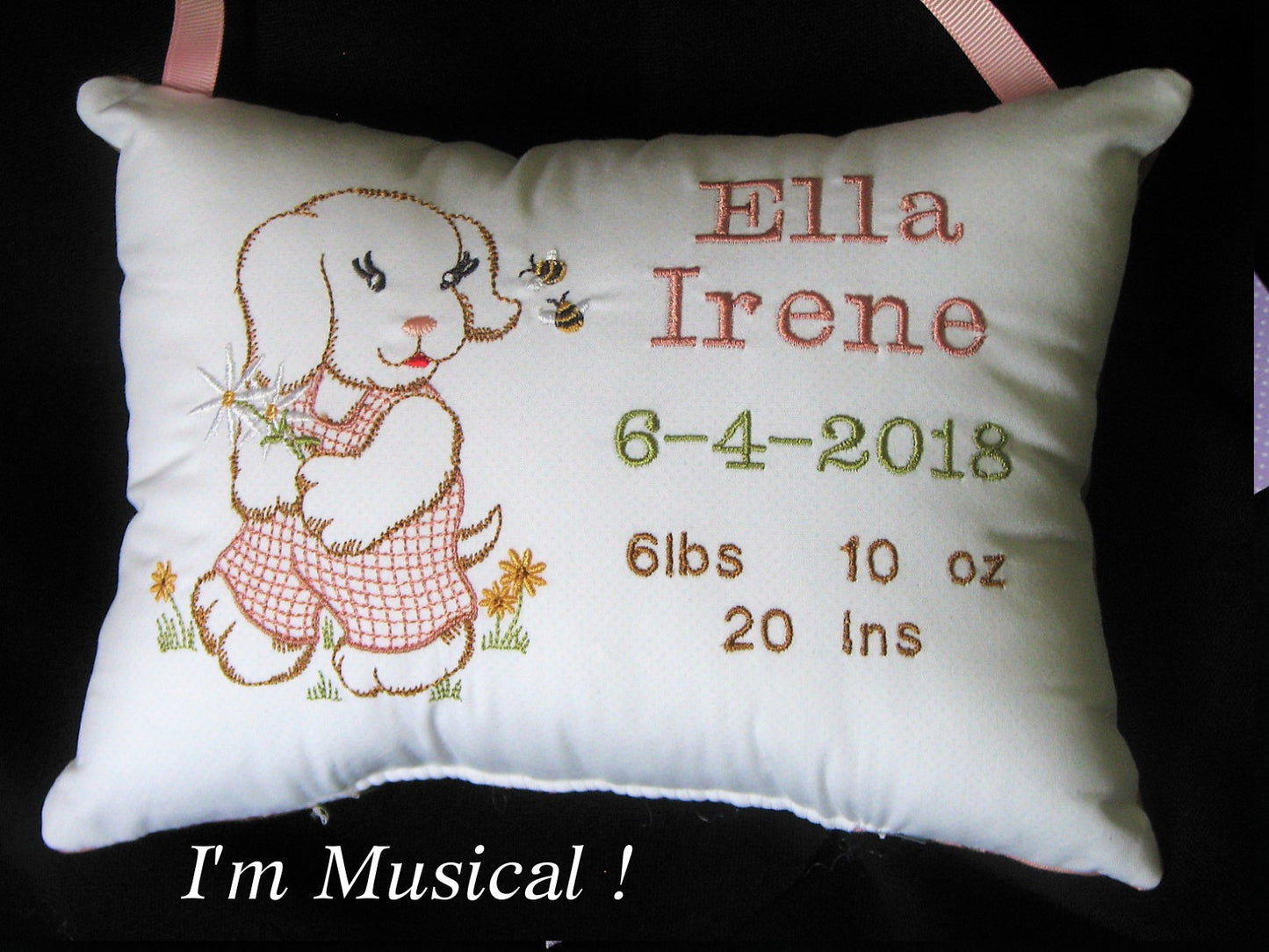 Vintage Puppy Birth Sampler Music Box Pillow -- Personalized Embroidered MUSICAL Baby Keepsake