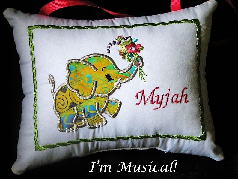 Baby Elephant APPLIQUE Music Box Pillow -- Personalized Embroidered MUSICAL Keepsake