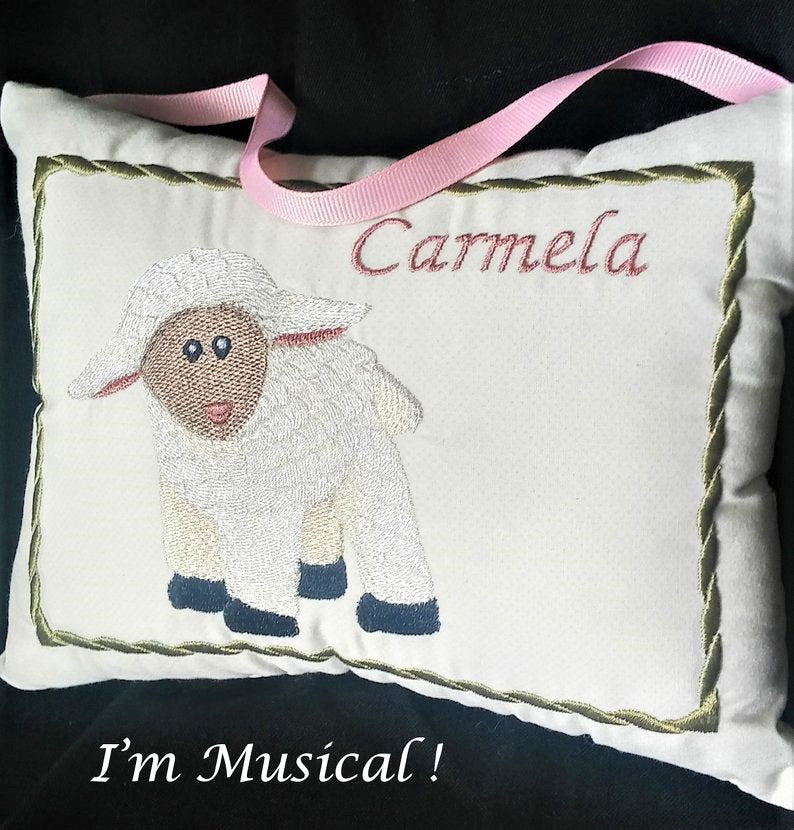 Stuffed Lamb Music Box Pillow -- Personalized Embroidered MUSICAL Baby Keepsake