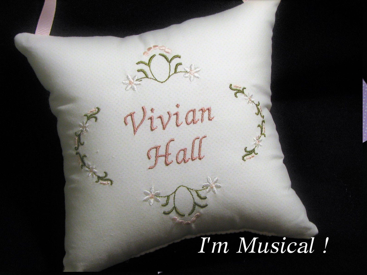 Daisies & Candlewick Sampler Music Box Pillow -- Personalized Embroidered MUSICAL Keepsake