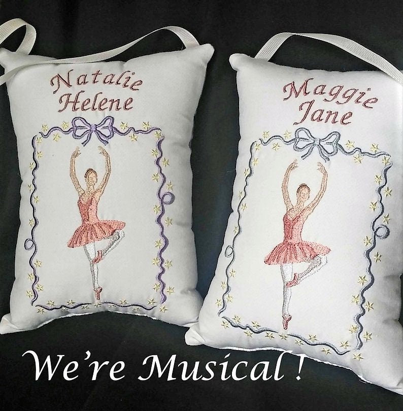 Ribbon Ballerina Music Box Pillow -- Personalized Embroidered MUSICAL Keepsake