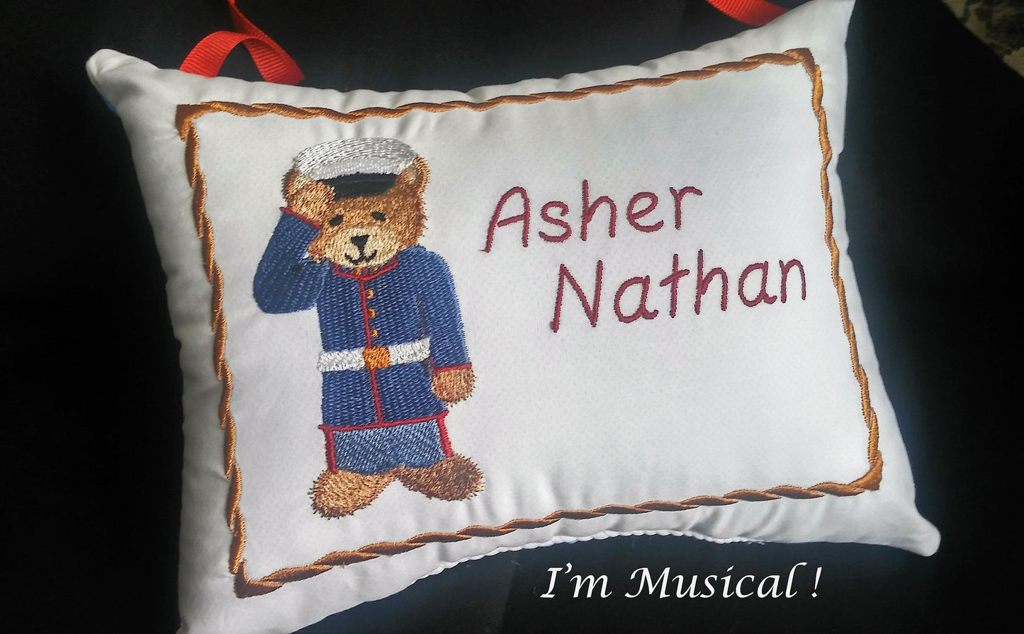 Military Teddy Bear Music Box Pillow -- Personalized Embroidered MUSICAL Baby Keepsake