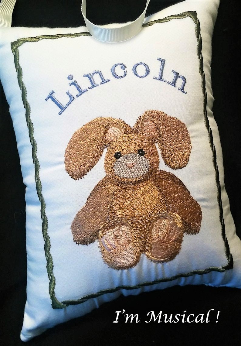 Stuffed Bunny Music Box Pillow -- Personalized Embroidered MUSICAL Baby Keepsake