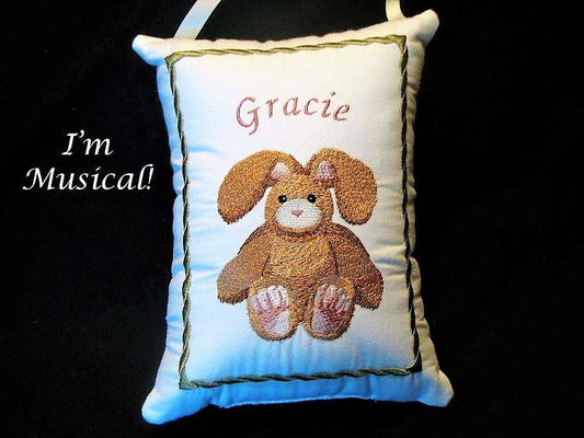 Stuffed Bunny Music Box Pillow -- Personalized Embroidered MUSICAL Baby Keepsake