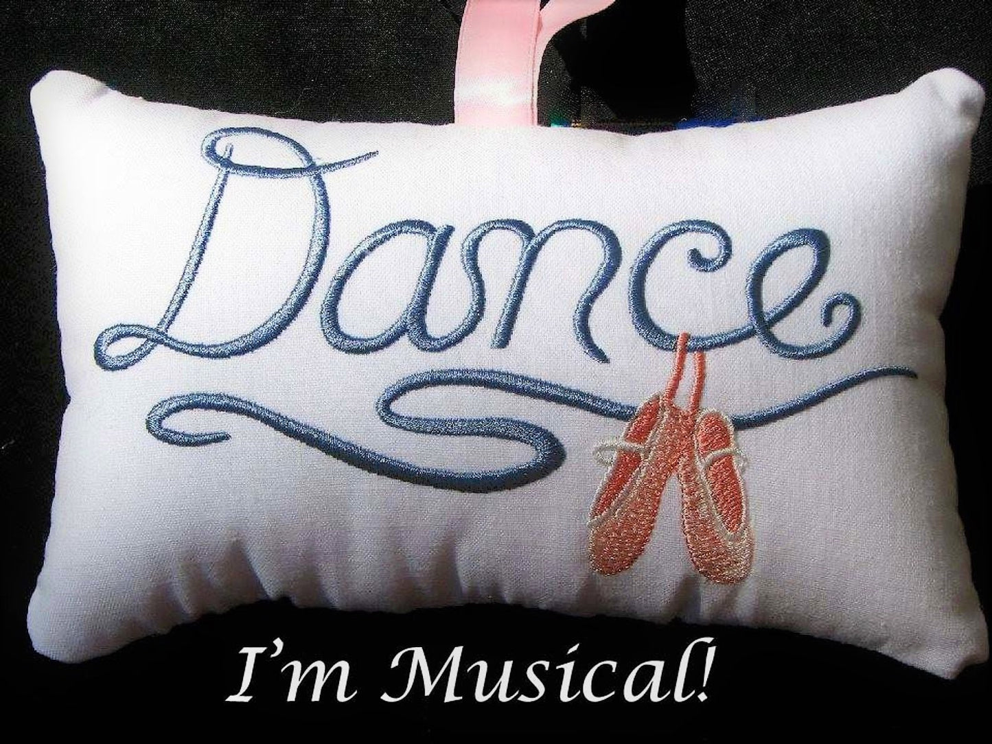 Dance in Script Music Box Pillow -- Personalized Embroidered MUSICAL Keepsake -- Dance, Ballet, Slippers