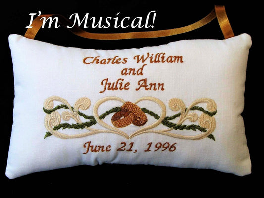 Curls & Rings Wedding Music Box Pillow -- Personalized Embroidered MUSICAL Keepsake