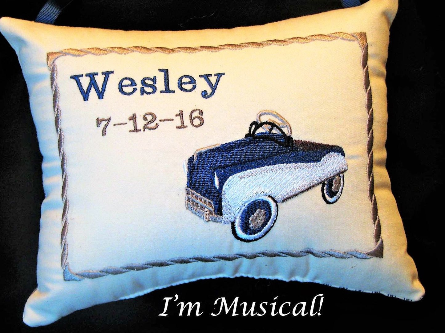 Vintage Pedal Car Music Box Pillow -- Personalized Embroidered MUSICAL Baby Keepsake