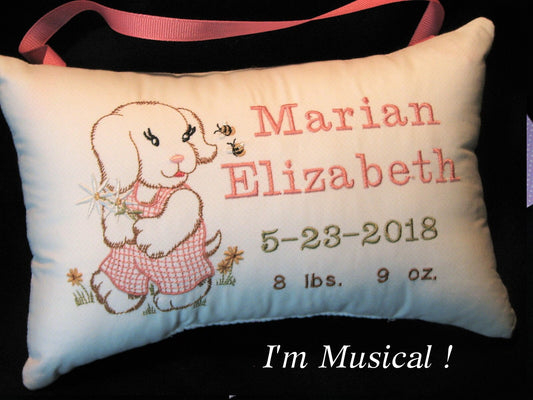 Vintage Puppy Birth Sampler Music Box Pillow -- Personalized Embroidered MUSICAL Baby Keepsake