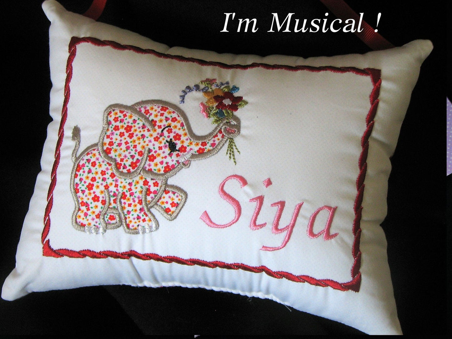 Baby Elephant APPLIQUE Music Box Pillow -- Personalized Embroidered MUSICAL Keepsake