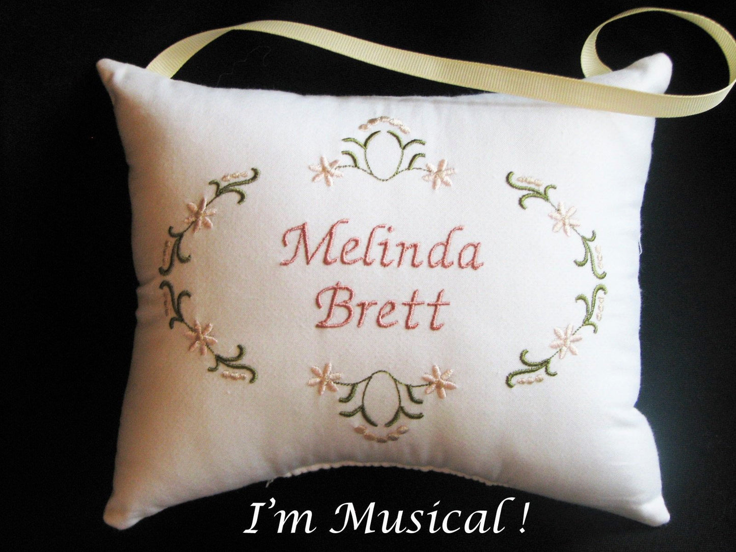 Daisies & Candlewick Sampler Music Box Pillow -- Personalized Embroidered MUSICAL Keepsake