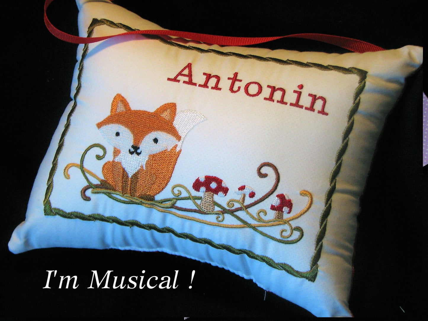 Forest Fox Music Box Pillow -- Personalized Embroidered MUSICAL Baby Keepsake