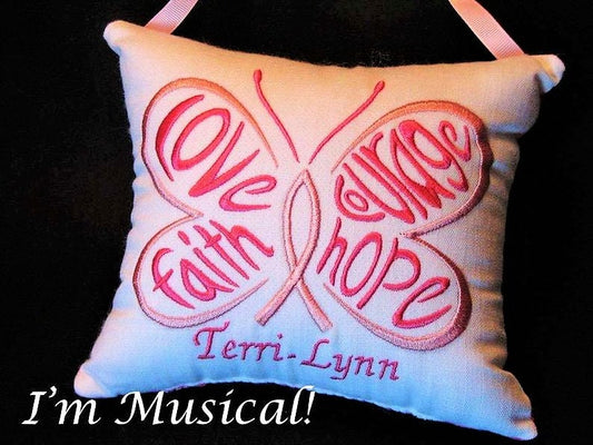 Hope Butterfly Music Box Pillow -- Personalized Embroidered MUSICAL Keepsake -- Breast Cancer, Causes, Interstitial Cystitis