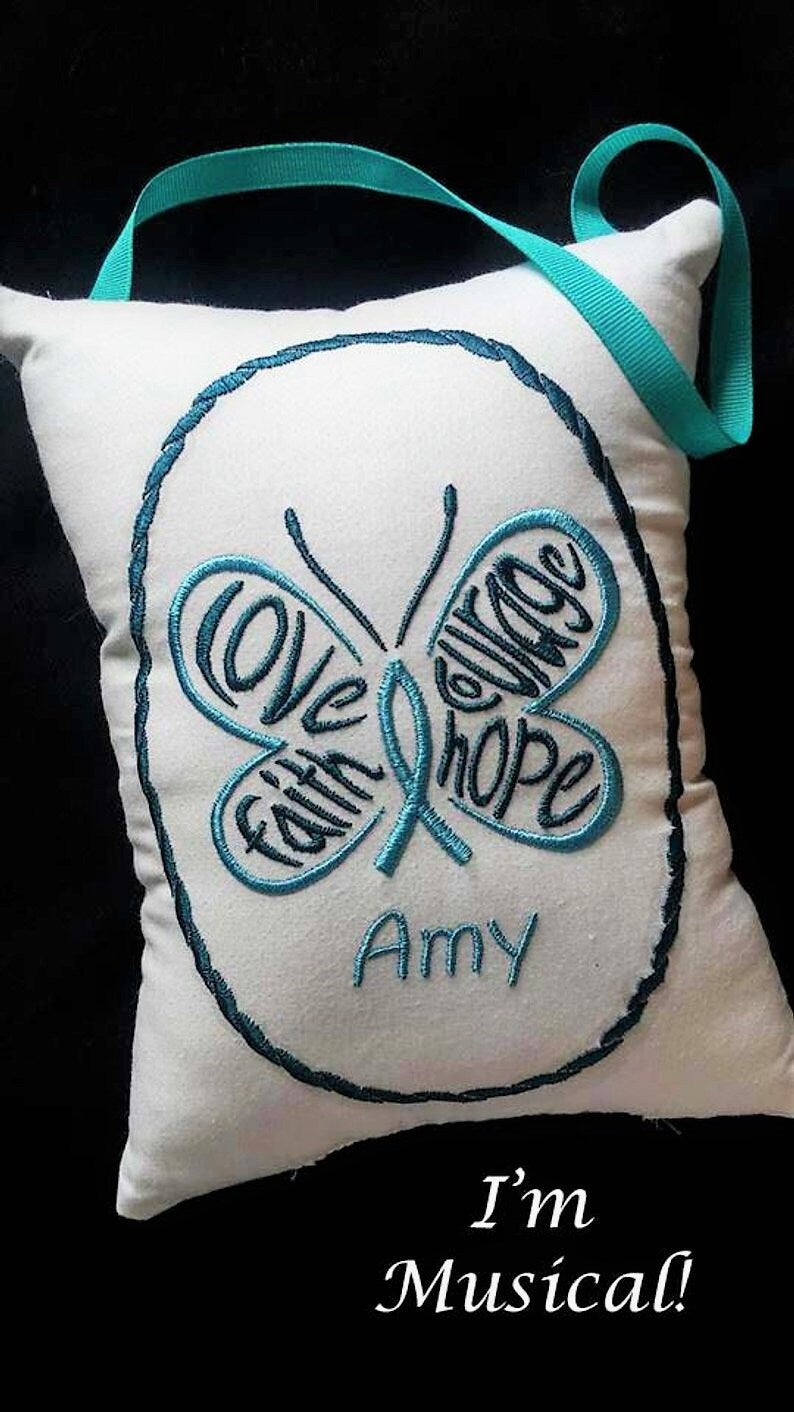 Hope Butterfly Music Box Pillow -- Personalized Embroidered MUSICAL Keepsake -- Breast Cancer, Causes, Interstitial Cystitis