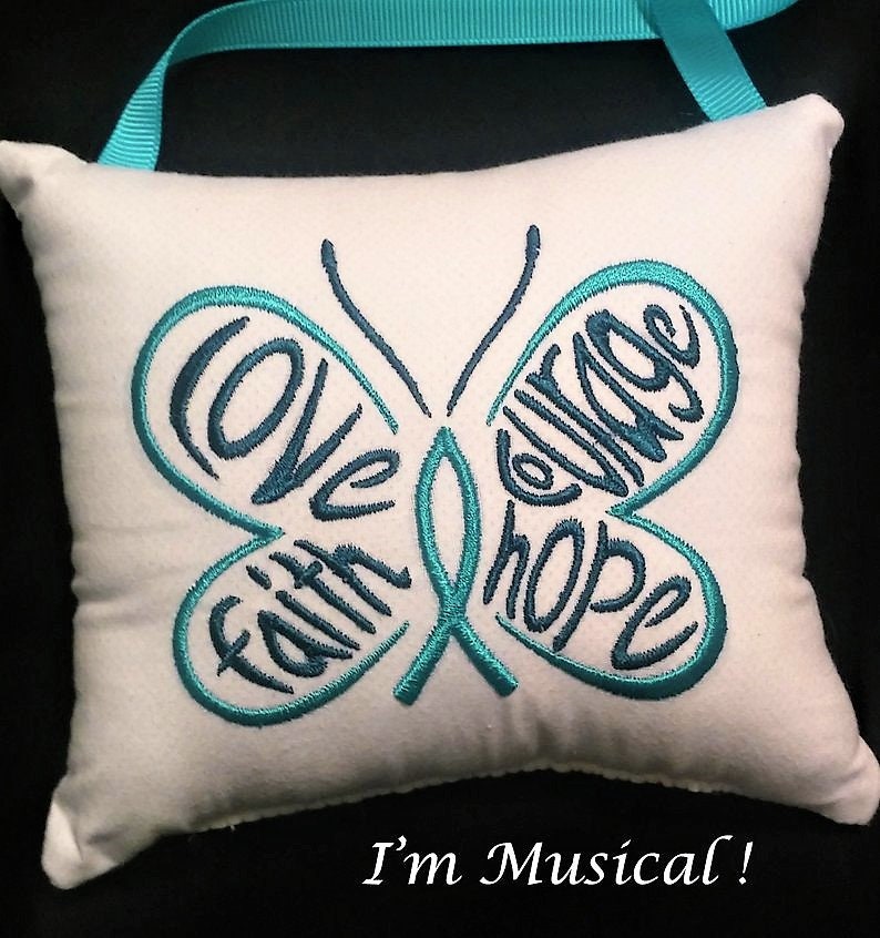 Hope Butterfly Music Box Pillow -- Personalized Embroidered MUSICAL Keepsake -- Breast Cancer, Causes, Interstitial Cystitis