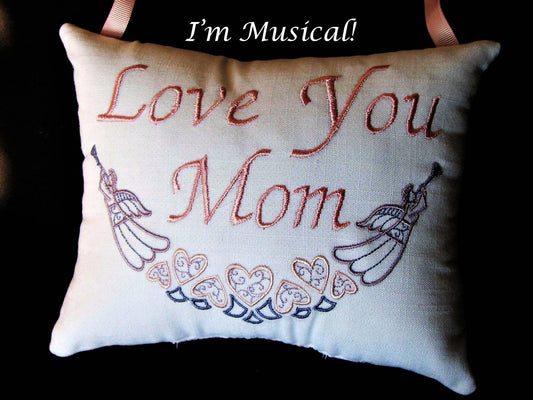 Filigree Angels & Hearts Music Box Pillow -- Personalized Embroidered MUSICAL Keepsake