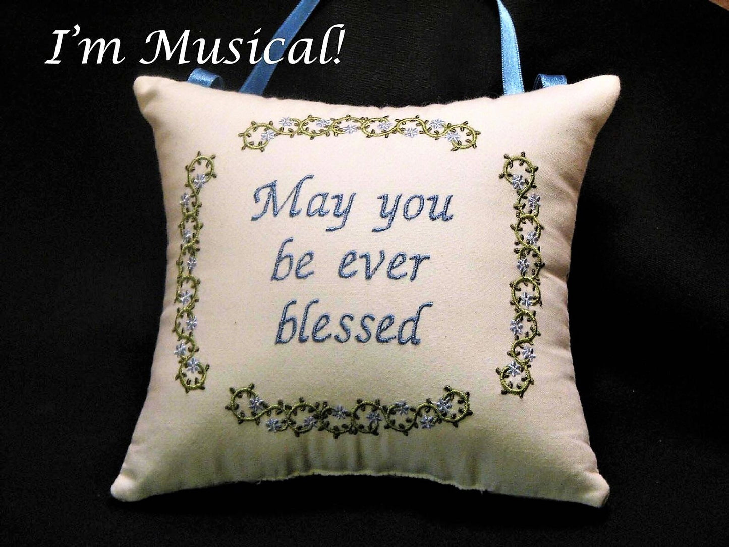 Twirling Vines & Periwinkle Music Box Pillow -- Personalized Embroidered MUSICAL Keepsake