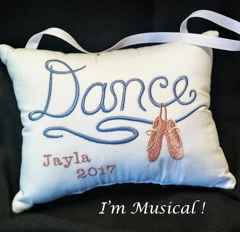 Dance in Script Music Box Pillow -- Personalized Embroidered MUSICAL Keepsake -- Dance, Ballet, Slippers