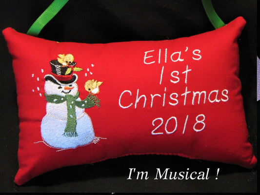 Snowman with Birds Music Box Pillow -- Personalized Embroidered MUSICAL Baby Keepsake -- Baby's First Christmas