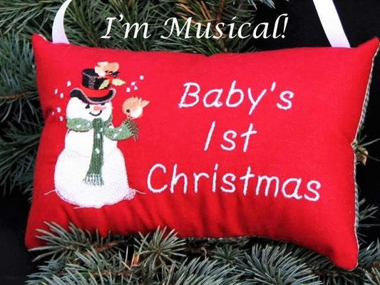 Snowman with Birds Music Box Pillow -- Personalized Embroidered MUSICAL Baby Keepsake -- Baby's First Christmas