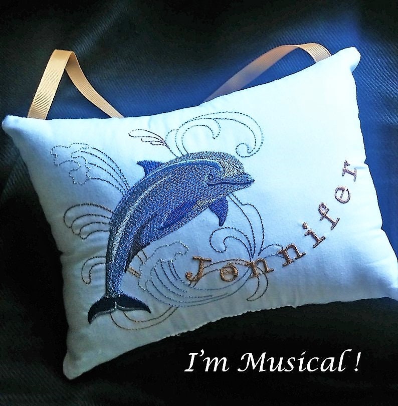 Dolphin Music Box Pillow -- Personalized Embroidered MUSICAL Keepsake