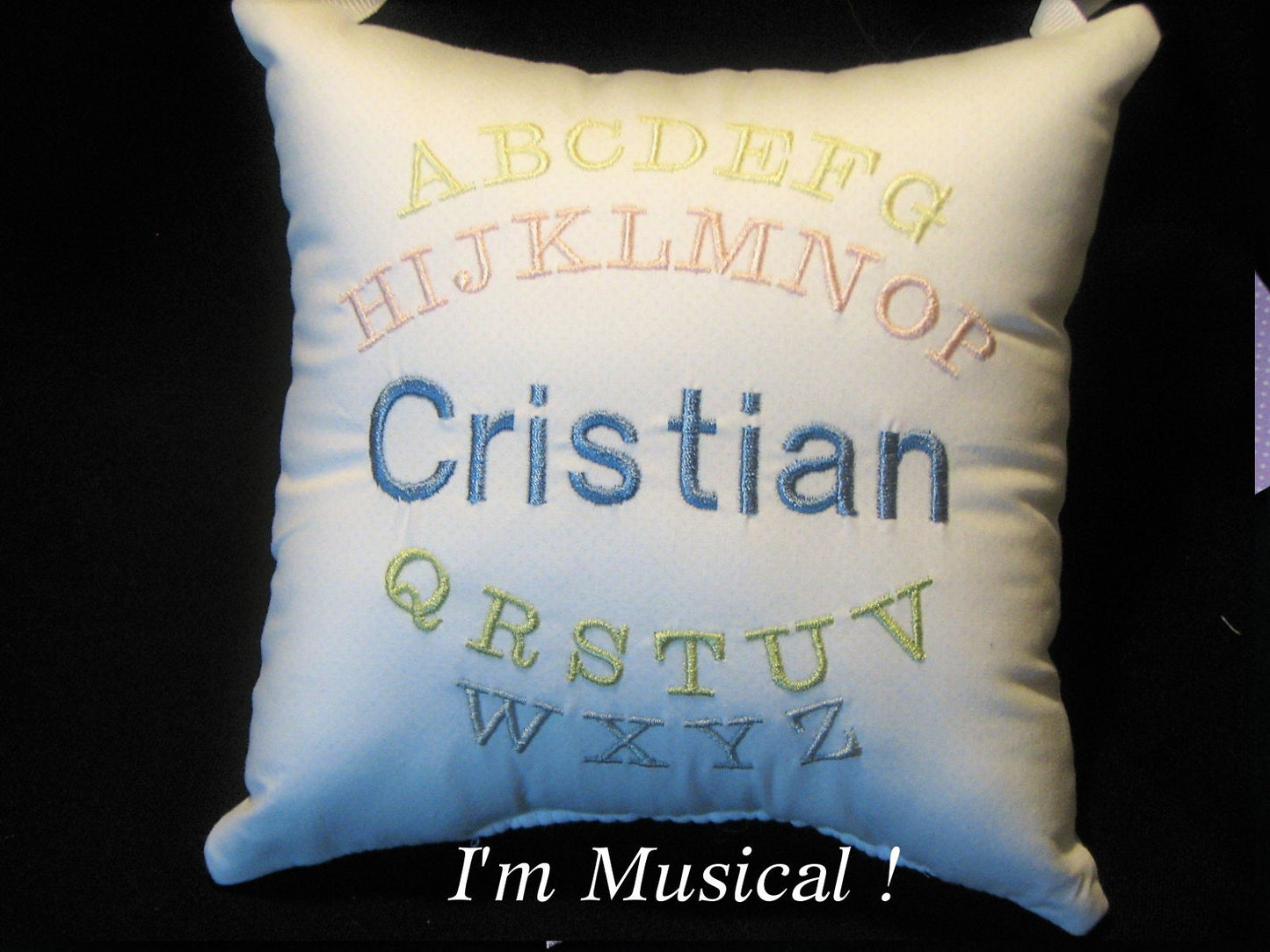 Baby Alphabet Music Box Pillow -- Personalized Embroidered MUSICAL Keepsake