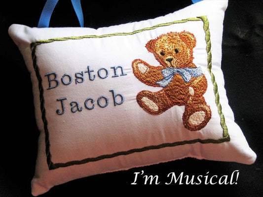 Classic Teddy Bear with Bow Music Box Pillow -- Personalized Embroidered MUSICAL Keepsake