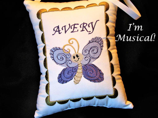 Flutterby Music Box Pillow -- Personalized Embroidered MUSICAL Keepsake -- Butterfly