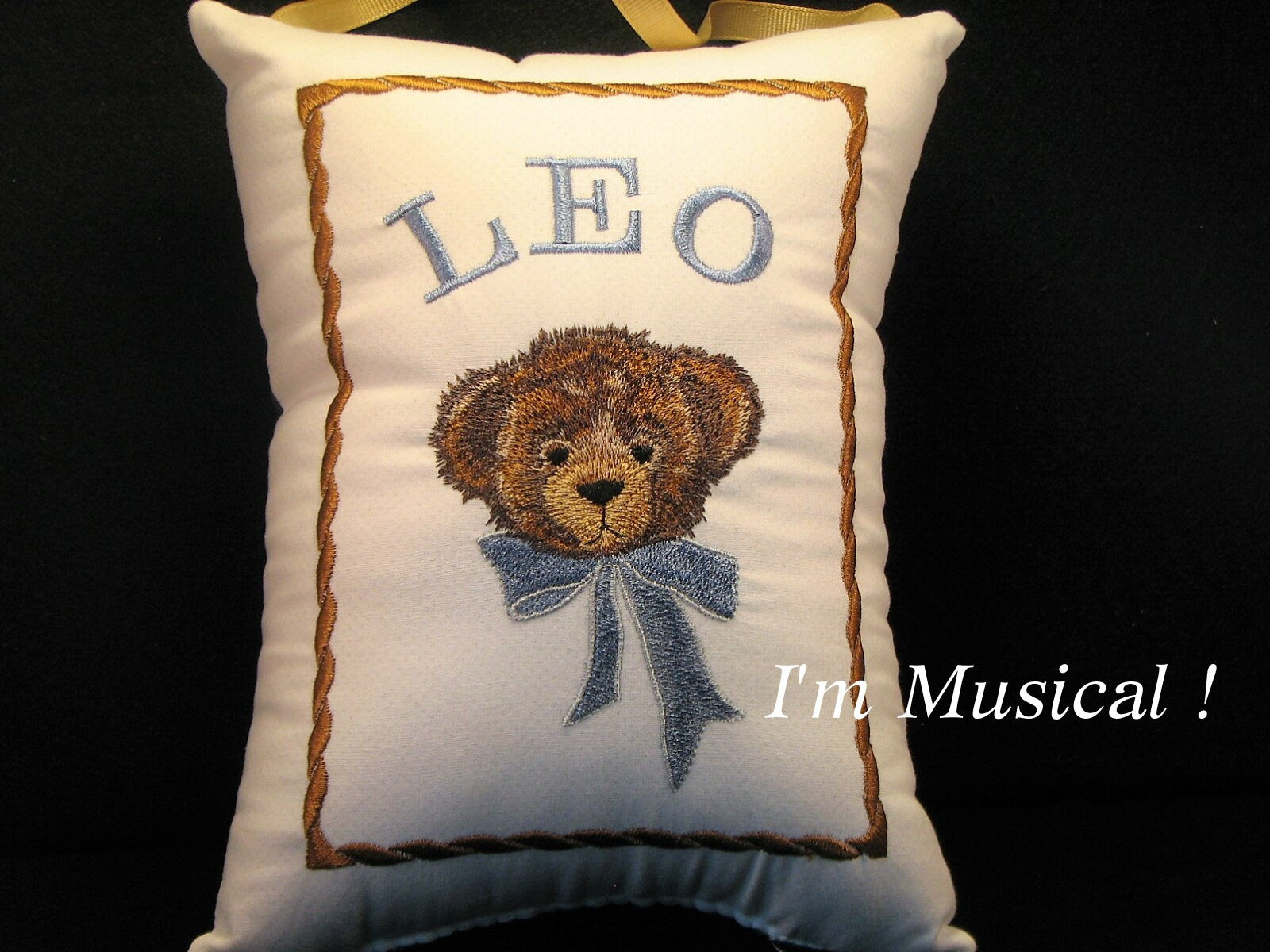 Teddy Bear Head with Bow Musical Baby Pillow Personalized Embroidered Baby Keepsake