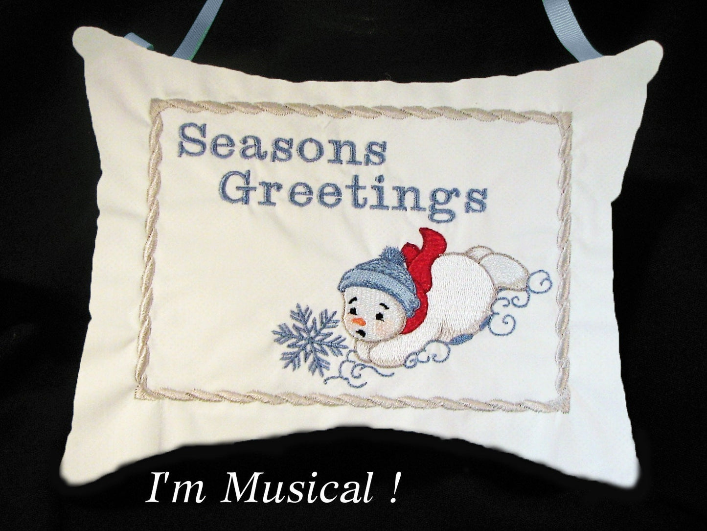 Sledding Snowman Music Box Pillow -- Personalized Embroidered MUSICAL Keepsake