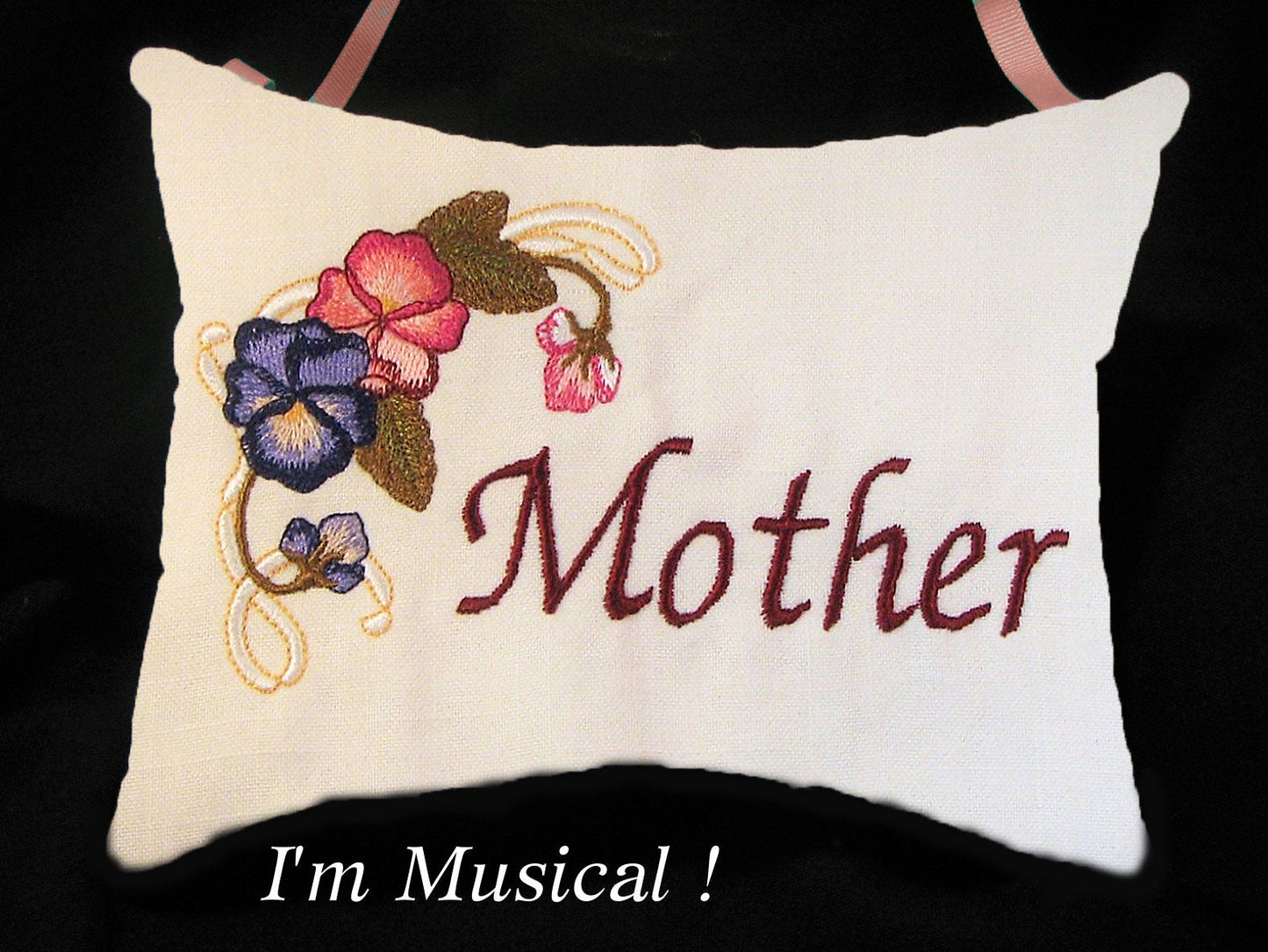 Pansies & Ribbons Music Box Pillow -- Personalized Embroidered MUSICAL Keepsake