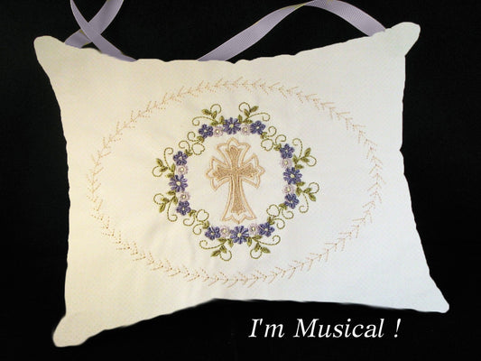 Floral Wreath Cross Music Box Pillow -- Personalized Embroidered MUSICAL Keepsake