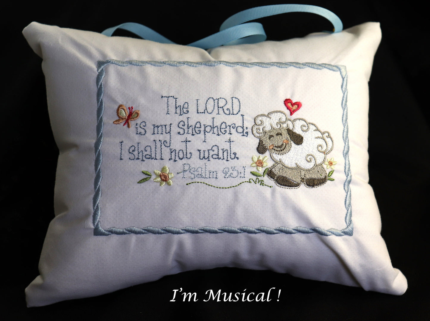 Little Lamb Music Box Pillow with Twenty-Third Psalm -- Personalized Embroidered MUSICAL Keepsake - Baptism, Christening, Confirmation, Memorial